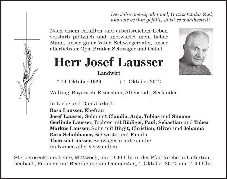 Traueranzeige Josef Lausser