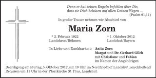 Traueranzeige Maria Zorn