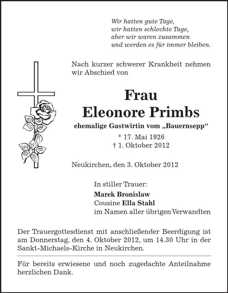 Traueranzeige Eleonora Primbs