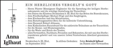 Traueranzeige Anna Iglhaut
