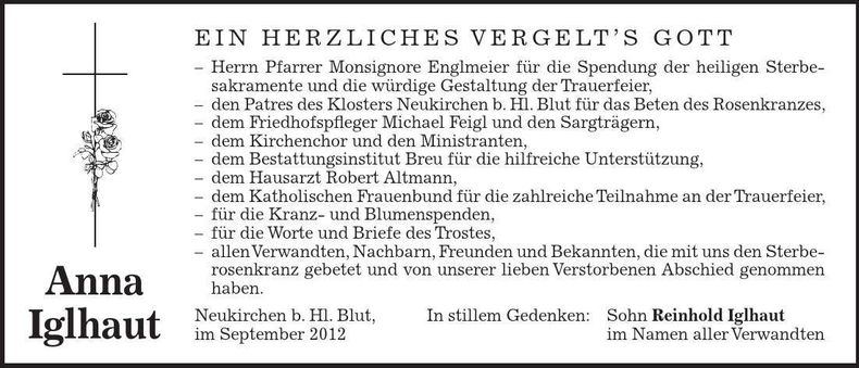 Traueranzeige Anna Iglhaut