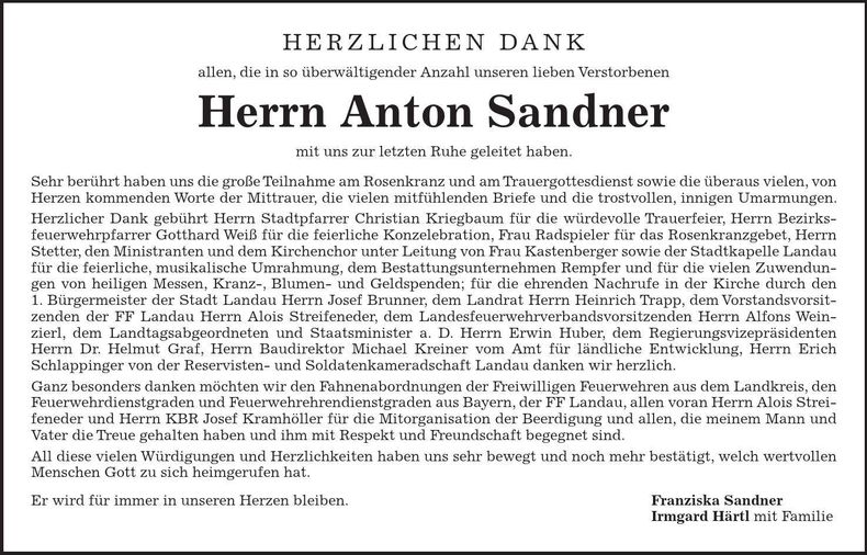 Traueranzeige Anton Sandner