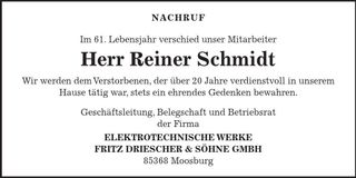 Traueranzeige Reiner Schmidt