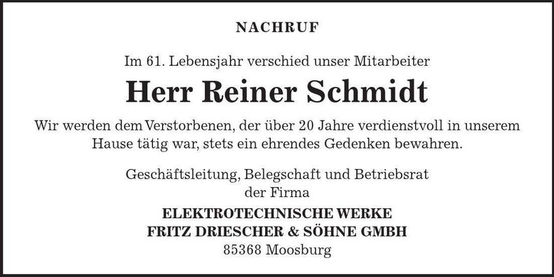 Traueranzeige Reiner Schmidt