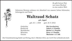 Traueranzeige Waltraud Schatz