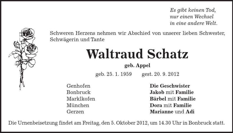 Traueranzeige Waltraud Schatz