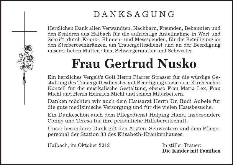 Traueranzeige Gertrud Nusko