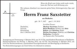 Traueranzeige Franz Saxstetter