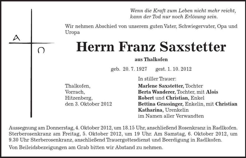 Traueranzeige Franz Saxstetter