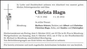 Traueranzeige Christa Hagn