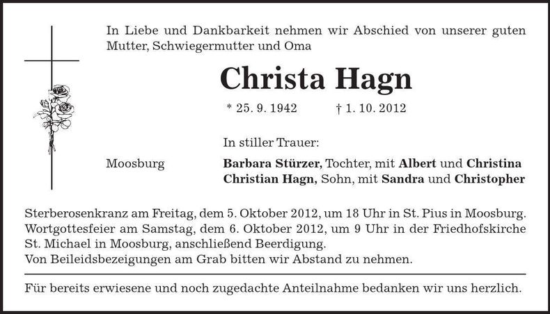 Traueranzeige Christa Hagn