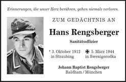 Traueranzeige Hans Rengsberger