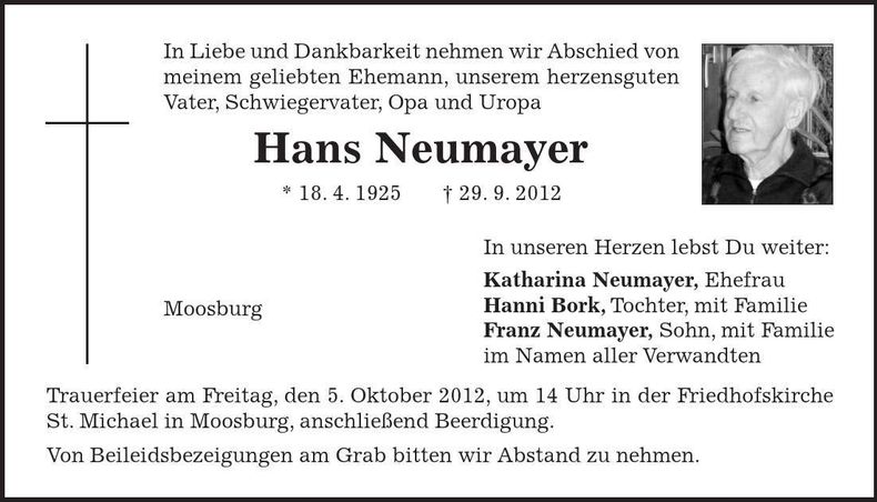 Traueranzeige Hans Neumayer