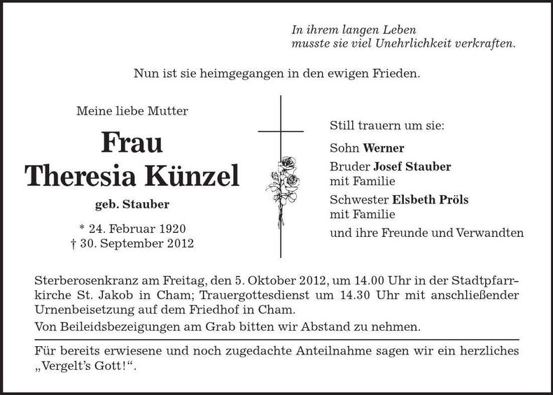 Traueranzeige Theresia Künzel