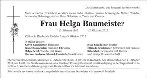 Traueranzeige Helga Baumeister