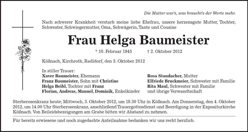 Traueranzeige Helga Baumeister