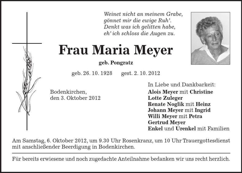 Traueranzeige Maria Meyer