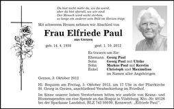 Traueranzeige Elfriede Paul