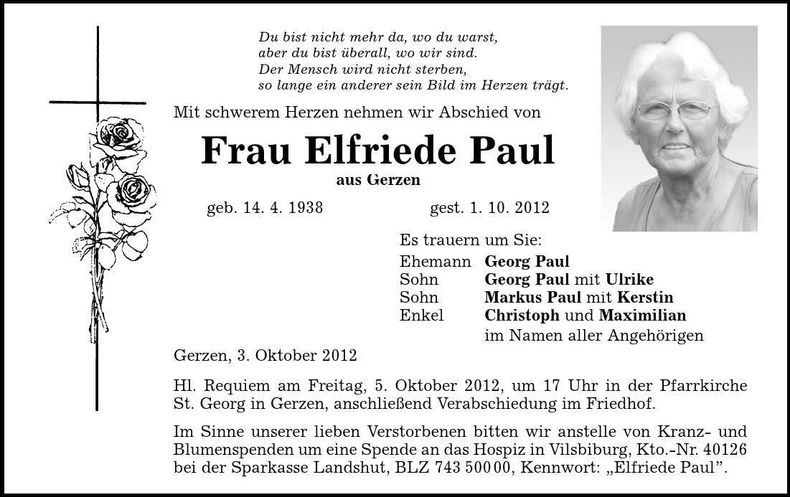 Traueranzeige Elfriede Paul