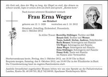 Traueranzeige Erna Weger