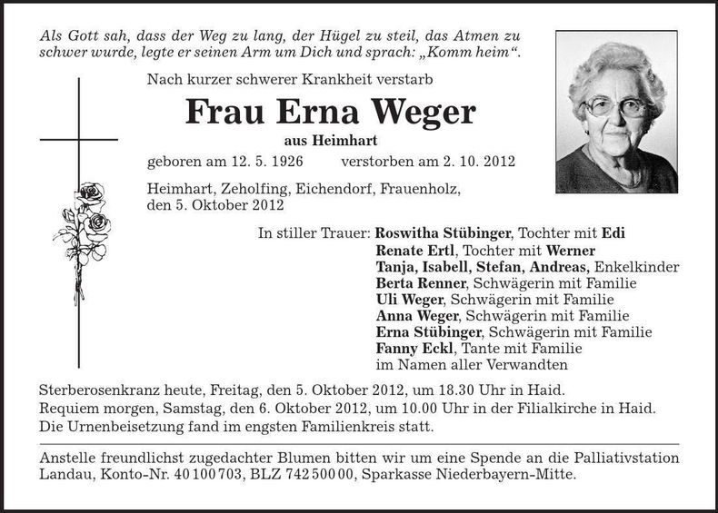 Traueranzeige Erna Weger