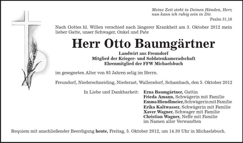 Traueranzeige Otto Baumgärtner