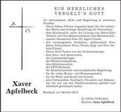 Traueranzeige Xaver Apfelbeck