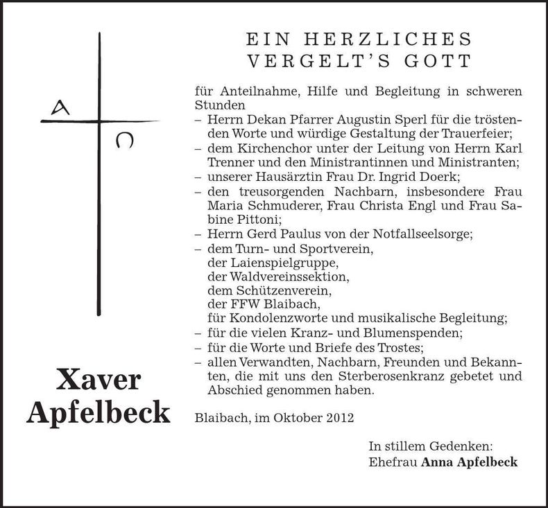 Traueranzeige Xaver Apfelbeck