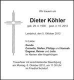 Traueranzeige Dieter Köhler