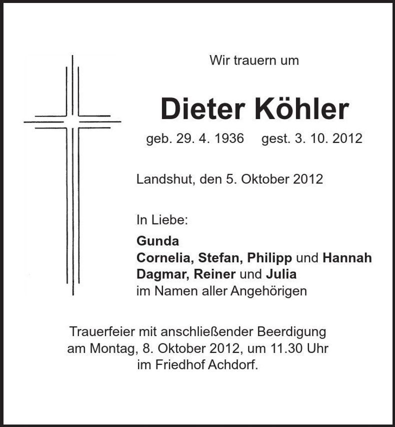 Traueranzeige Dieter Köhler