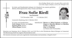 Traueranzeige Sofie Riedl