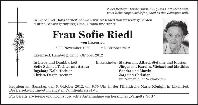 Traueranzeige Sofie Riedl