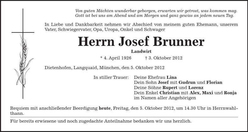 Traueranzeige Josef Brunner