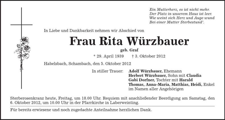 Traueranzeige Rita Würzbauer