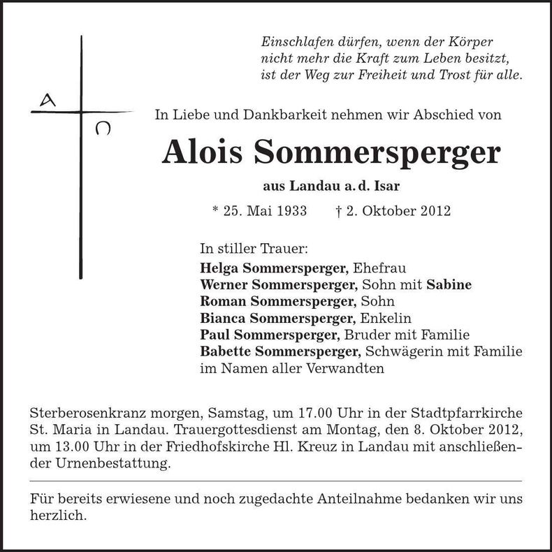 Traueranzeige Alois Sommersperger