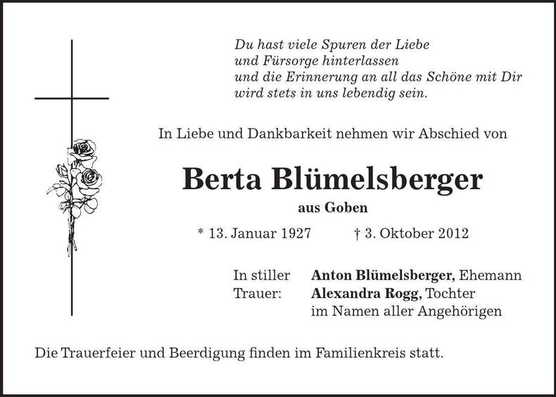 Traueranzeige Berta Blümelsberger