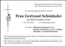 Traueranzeige Gertraud Schönhofer