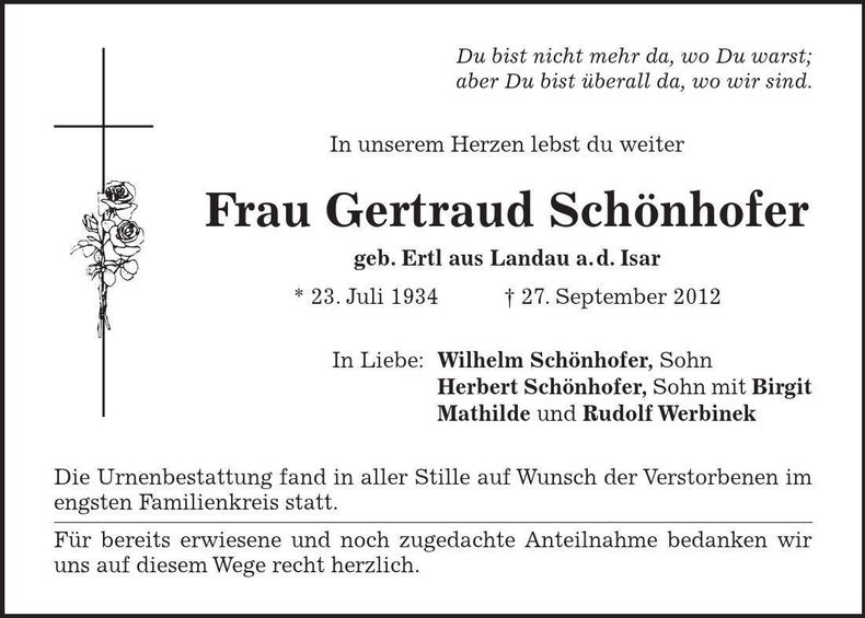 Traueranzeige Gertraud Schönhofer