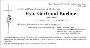 Traueranzeige Gertraud Buchner
