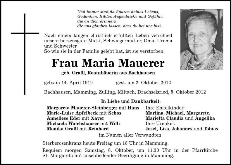 Traueranzeige Maria Mauerer