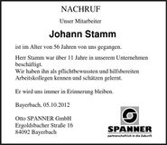 Traueranzeige Johann Stamm