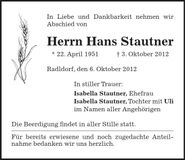 Traueranzeige Hans Stautner