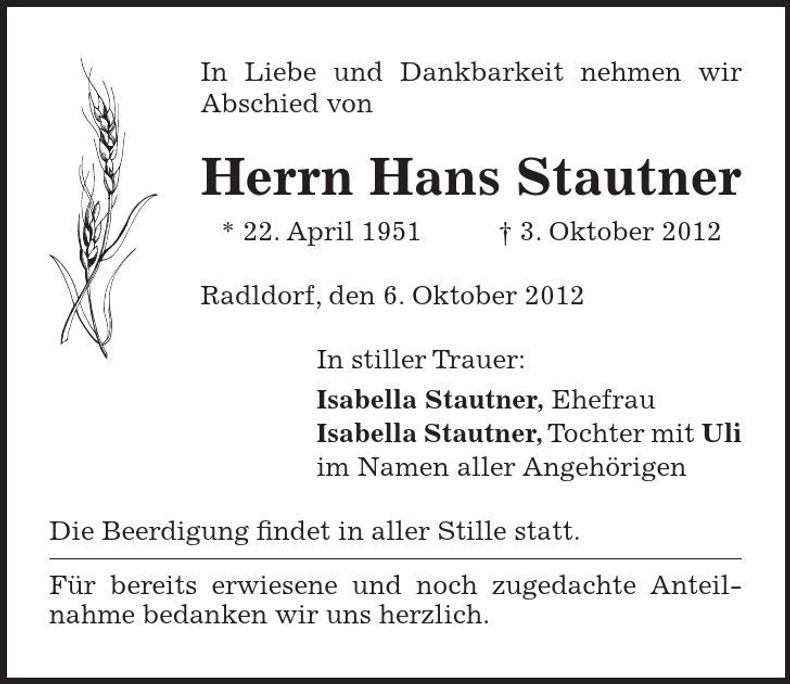 Traueranzeige Hans Stautner