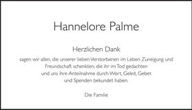 Traueranzeige Hannelore Palme