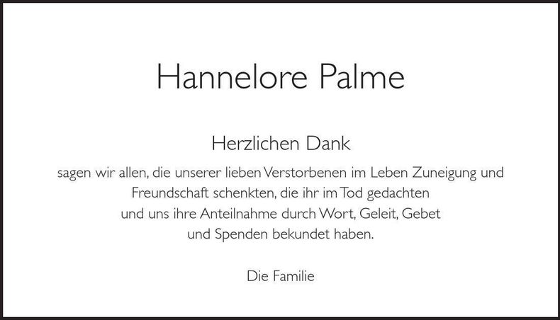 Traueranzeige Hannelore Palme