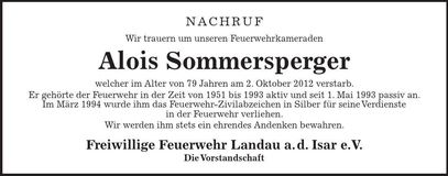 Traueranzeige Alois Sommersperger