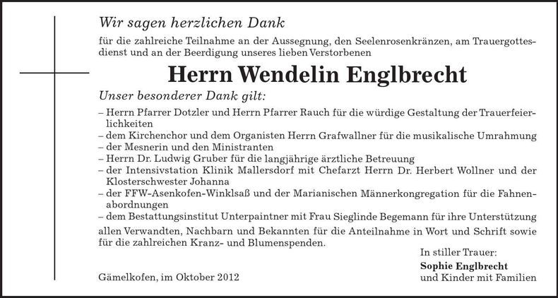 Traueranzeige Wendelin Englbrecht