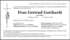 Traueranzeige Gertrud Gotthardt