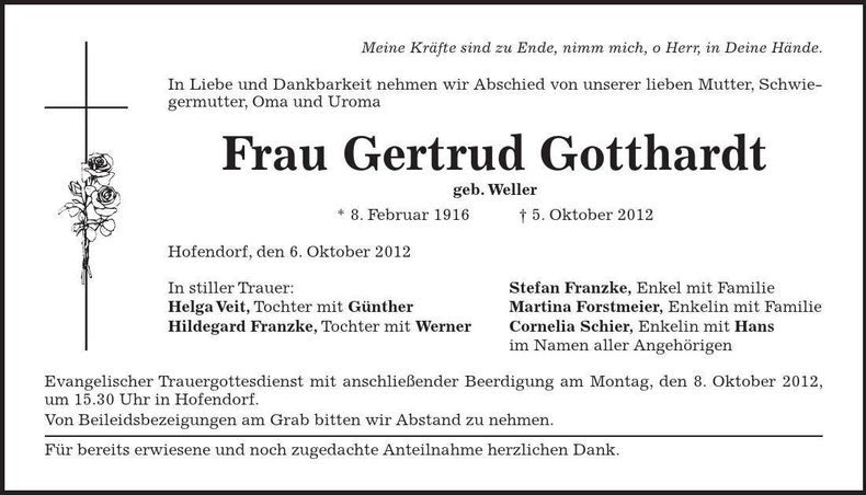 Traueranzeige Gertrud Gotthardt