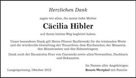 Traueranzeige Cäcilia Hibler